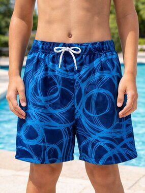 Boys Swim Shorts Swimming Trunks Tropical Pattern Elastic Waist Blue